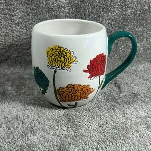 Lang Design Group Coffee Mug White Floral‎ Chrysanthemum Green Handle Ceramic